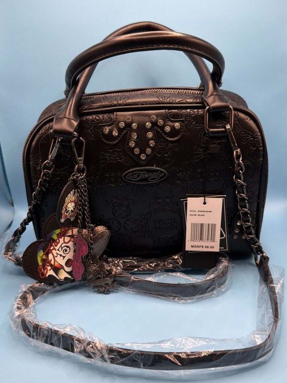 NWT Ed Hardy Black Embossed Skull Satchel Crossbody Bag with Charms